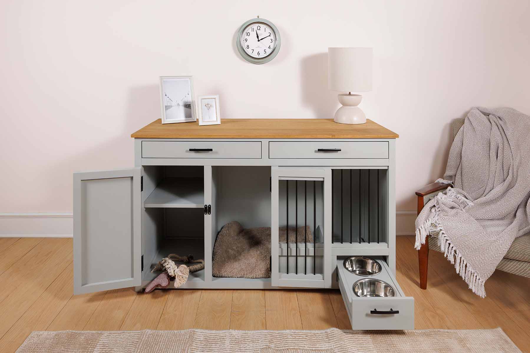 dog furniture with feeding station and cupboard