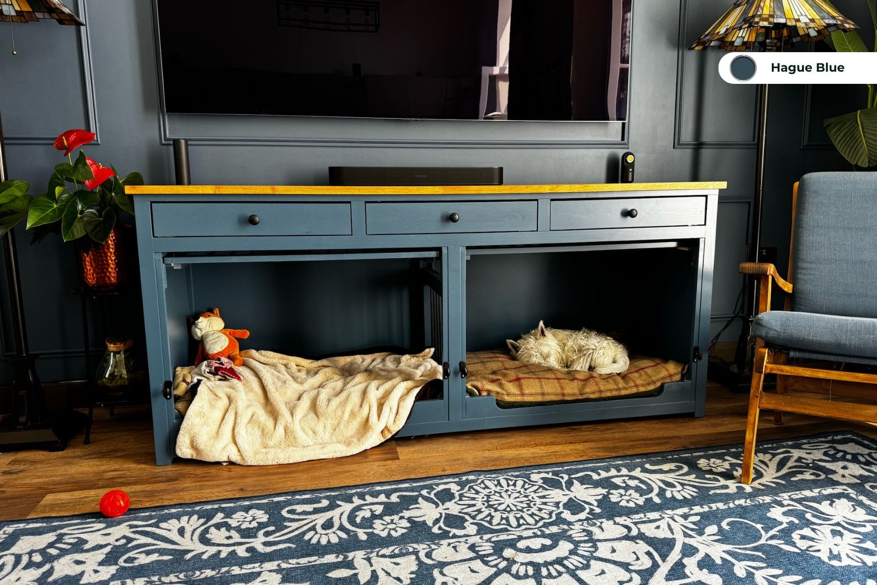Hague Blue double dog crate pet furniture design