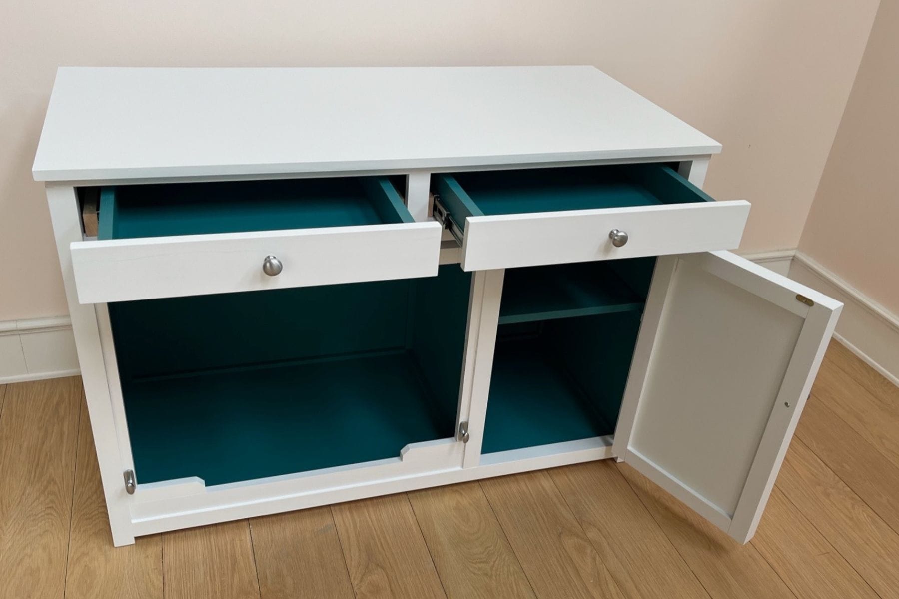 Dog crate furniture finished in matched paint to home interiors