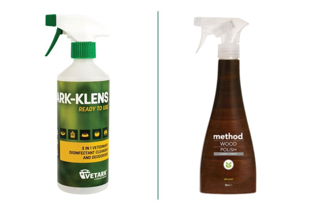 Pet safe cleaning products: Ark-Klens 3-in-1 (Disinfectant, Cleanser & Deodoriser) and Method Wood Polish – Almond