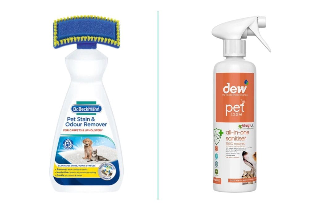 Pet safe cleaning products: Dr Beckmann Pet Stain & Odour Remover and Dew Pet All-In-One Antibacterial