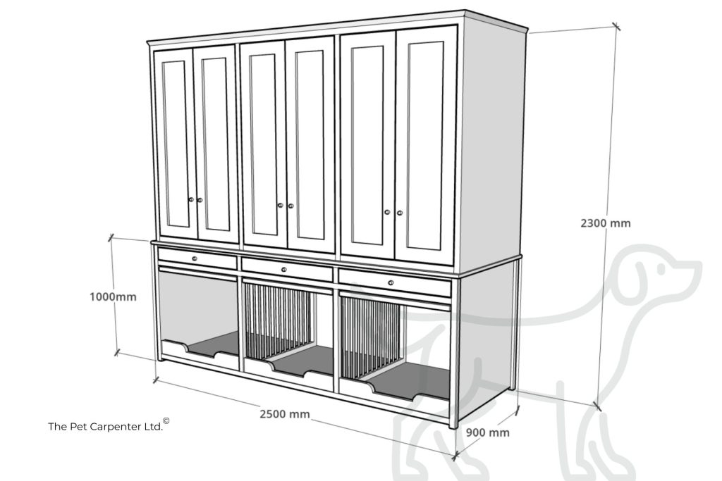 3D CAD drawing of a triple dog bedroom with drawer storage and cupboards above.