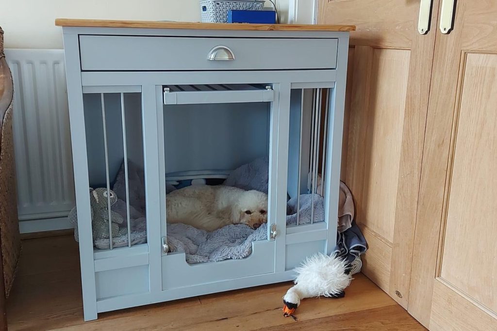 small white poodle sleeping in a bespoke dog crate by The Pet Carpenter