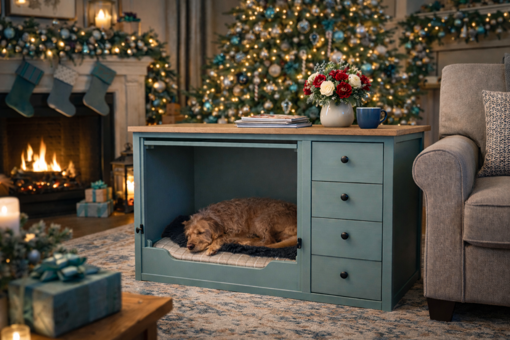 dog sleeping in pet furniture in a room decorated for christmas