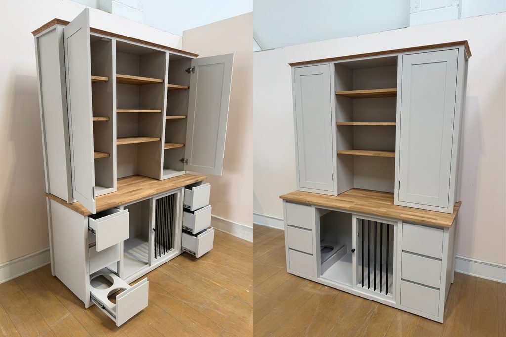 Ammonite painted dog crate dresser with solid oak worktop, sliding barred door to pet bedroom, handleless drawers and pull-out feeding drawer with two bowl holders
