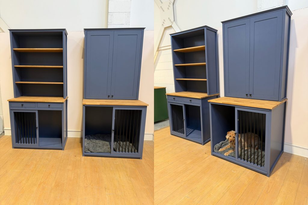 Two matching Wine Dark dog crate dressers with solid oak worktops and sliding barred doors, one with drawers and open oak shelves and one with a larger bedroom and tall double cupboards, with The Pet Carpenter's dog Finn lying inside