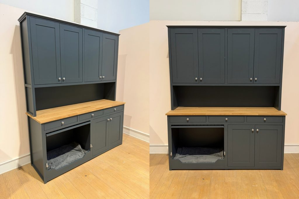 Down Pipe dog crate sideboard with dresser top, solid oak worktop, silver knob handles, three drawers, double cupboard, four upper cupboards and a dog bedroom with up and over door