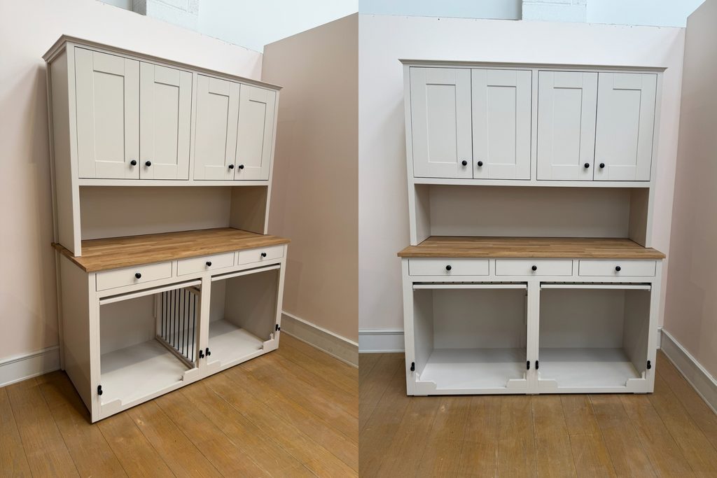 Ammonite double dog crate dresser with solid oak worktop, black knob handles, four cupboards above, three drawers and two pet bedrooms with up and over doors and a removable barred divider