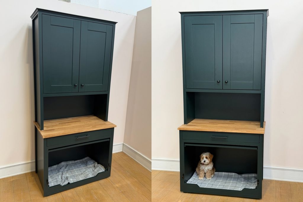 Single dog crate dresser in dark green with solid oak worktop, black bar handle drawer, double cupboards above and up and over door, with Miniature Australian Labradoodle puppy Casper sitting inside