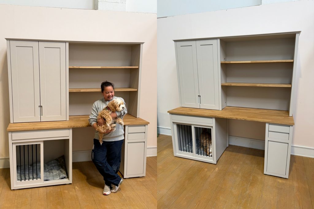 Elephant's Breath home office desk dresser with solid oak desktop and shelves, tall handleless cupboards, drawer pedestal and dog bedroom with sliding barred door, with Sirinya holding her Labradoodle Casper