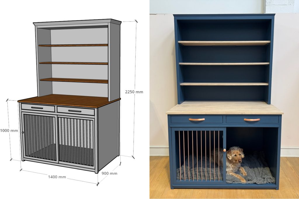 XL dog crate dresser in Hague Blue with whitewashed worktop and shelves, rose gold bar handles and sliding door with rose gold bars, shown next to its 3D CAD design with dimensions, with The Pet Carpenter's dog Finn lying inside